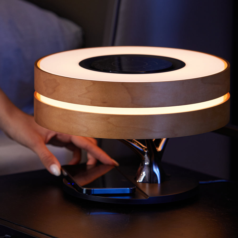 Wooden Smart Table Lamp with TWS Wireless Speaker Qi Wireless Charger - Carbon Cases