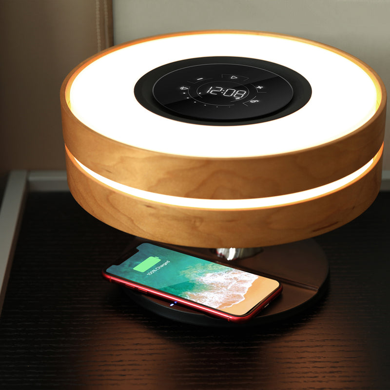 Wooden Smart Table Lamp with TWS Wireless Speaker Qi Wireless Charger - Carbon Cases