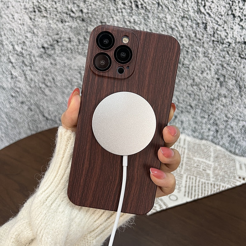 Wood Grain For MagSafe Magnetic Wireless Charging Smooth Thin Case For iPhone