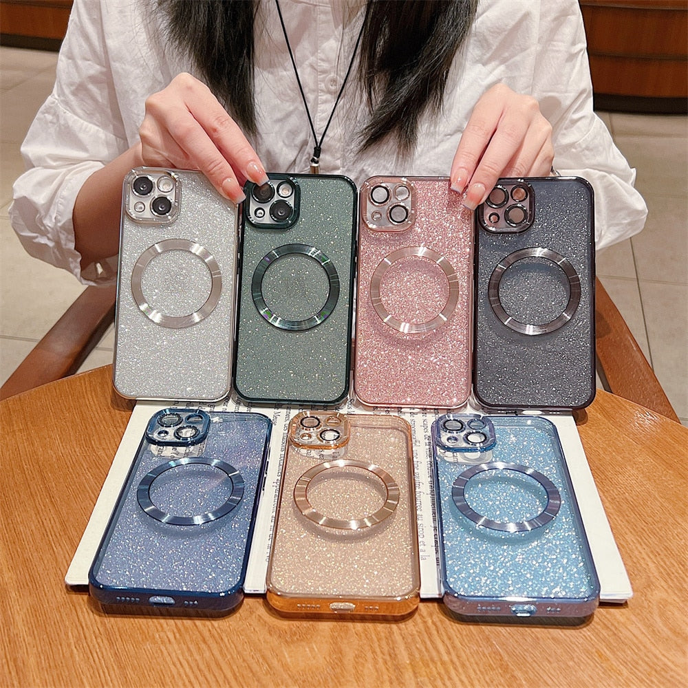 Luxury Bling Case for iPhone MagSafe Magnet Glitter Plating Soft TPU Cover for iPhone