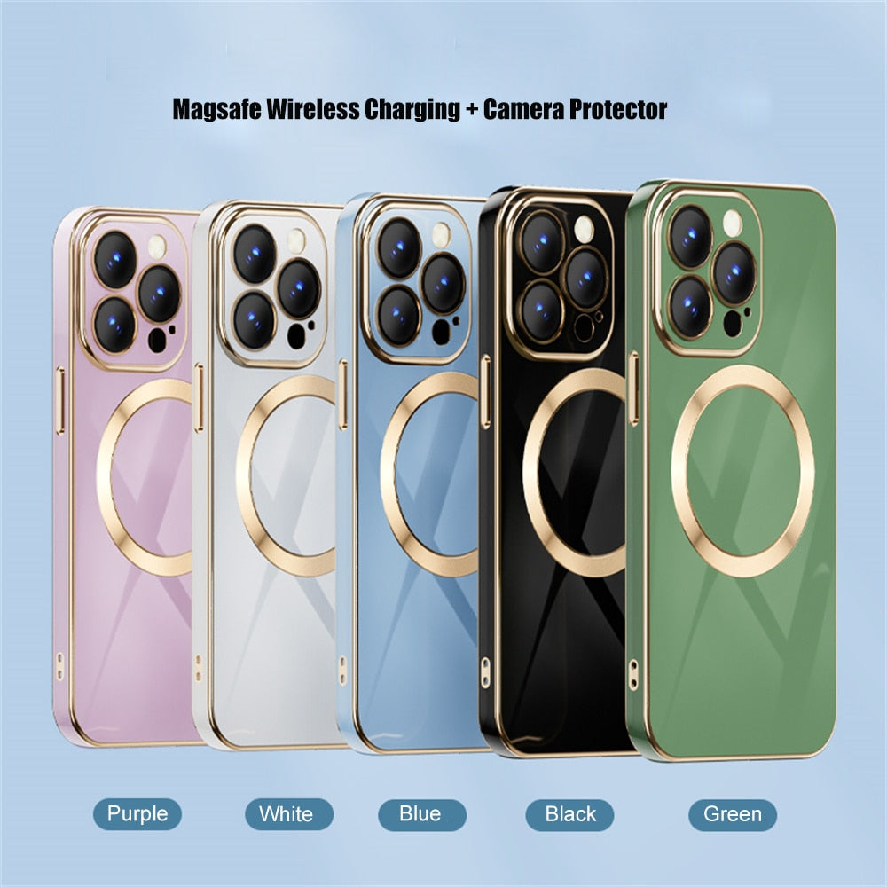 Luxury Plating Magsafe Case for iPhone 13 Pro Max 6D Shockproof Glass Camera Protector Magnetic Phone Case for iPhone 12 Pro Max