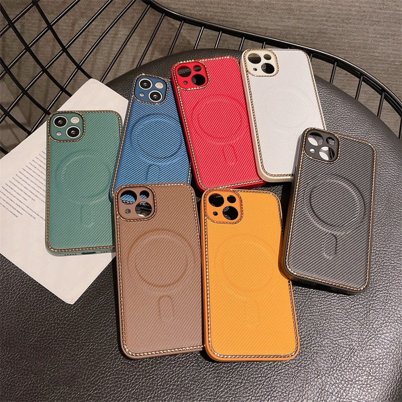 Luxury Leather Weave Texture For MagSafe Magnetic Wireless Charging Matte Case For iPhone