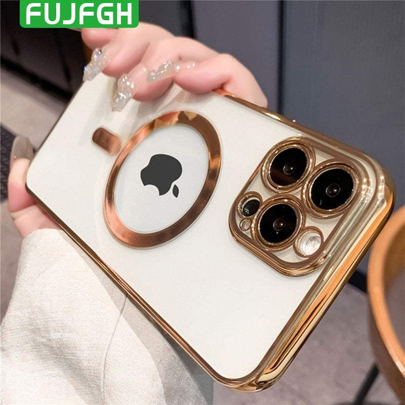 Luxury Plating Transparent For MagSafe Magnetic Charging Case for iPhone