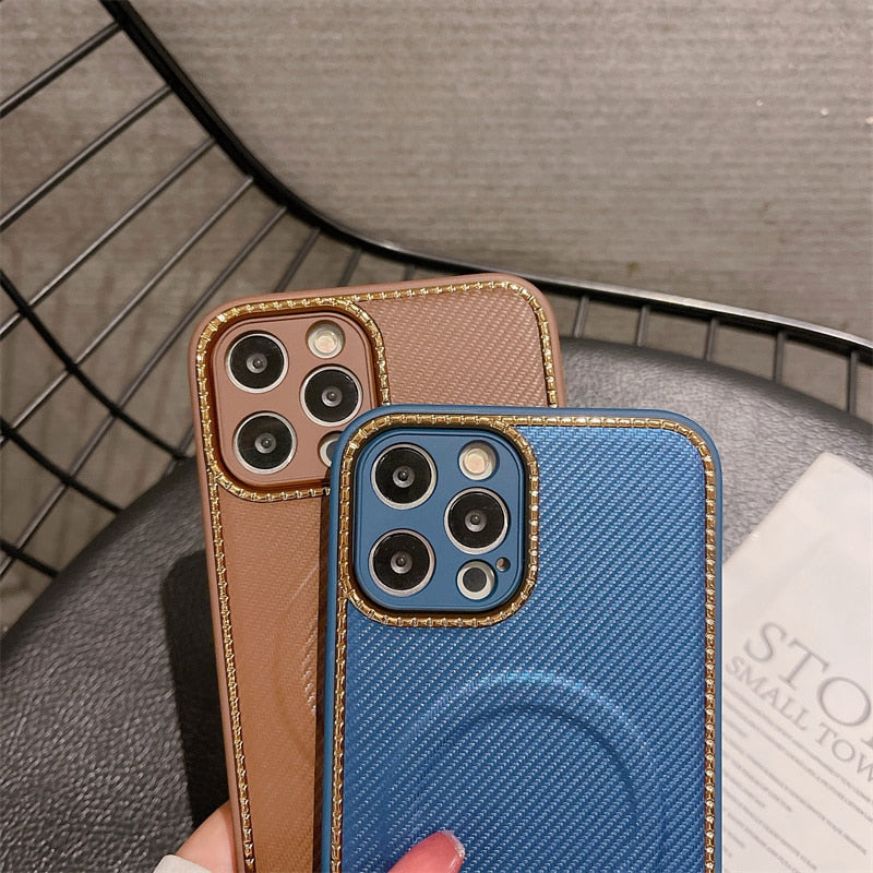 Luxury Leather Weave Texture For MagSafe Magnetic Wireless Charging Matte Case For iPhone