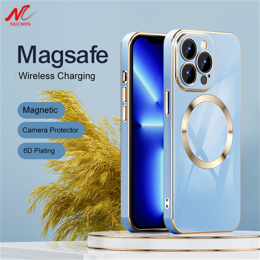 Luxury Plating Magsafe Case for iPhone 13 Pro Max 6D Shockproof Glass Camera Protector Magnetic Phone Case for iPhone 12 Pro Max