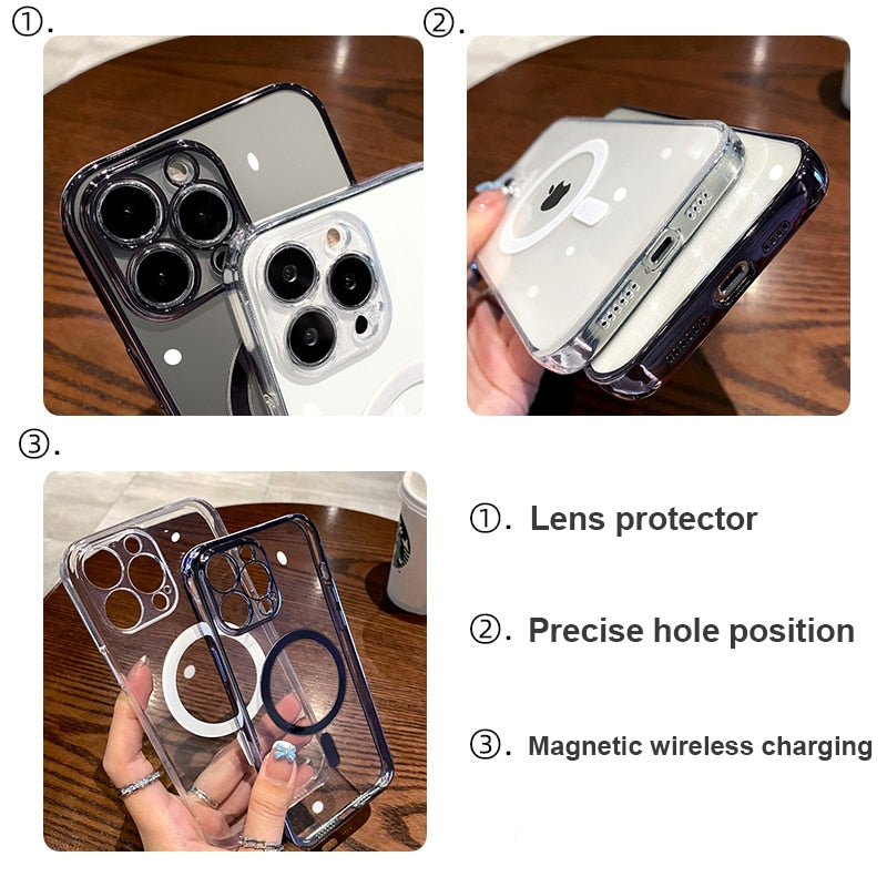 Luxury Plating Transparent For MagSafe Magnetic Charging Case for iPhone