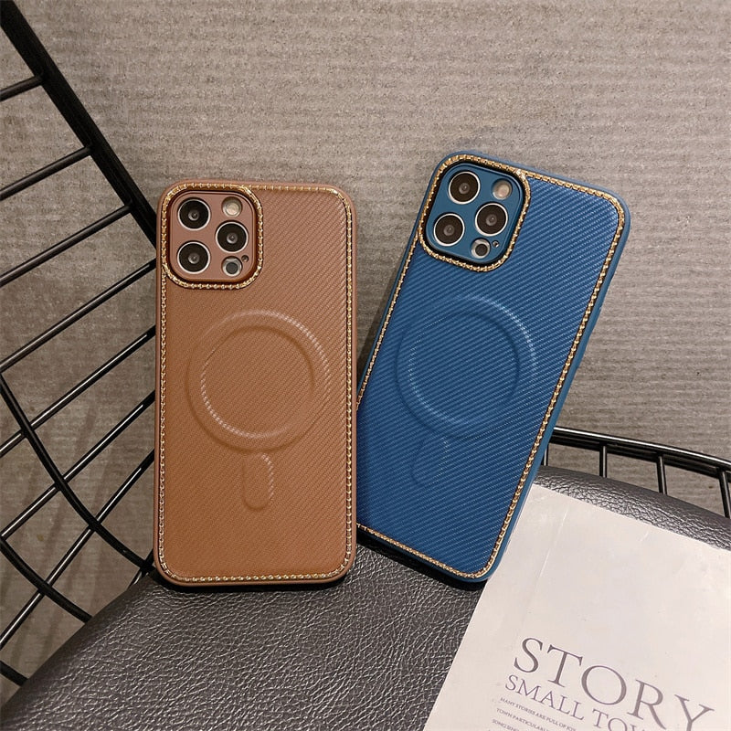 Luxury Leather Weave Texture For MagSafe Magnetic Wireless Charging Matte Case For iPhone