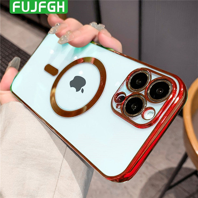 Luxury Plating Transparent For MagSafe Magnetic Charging Case for iPhone