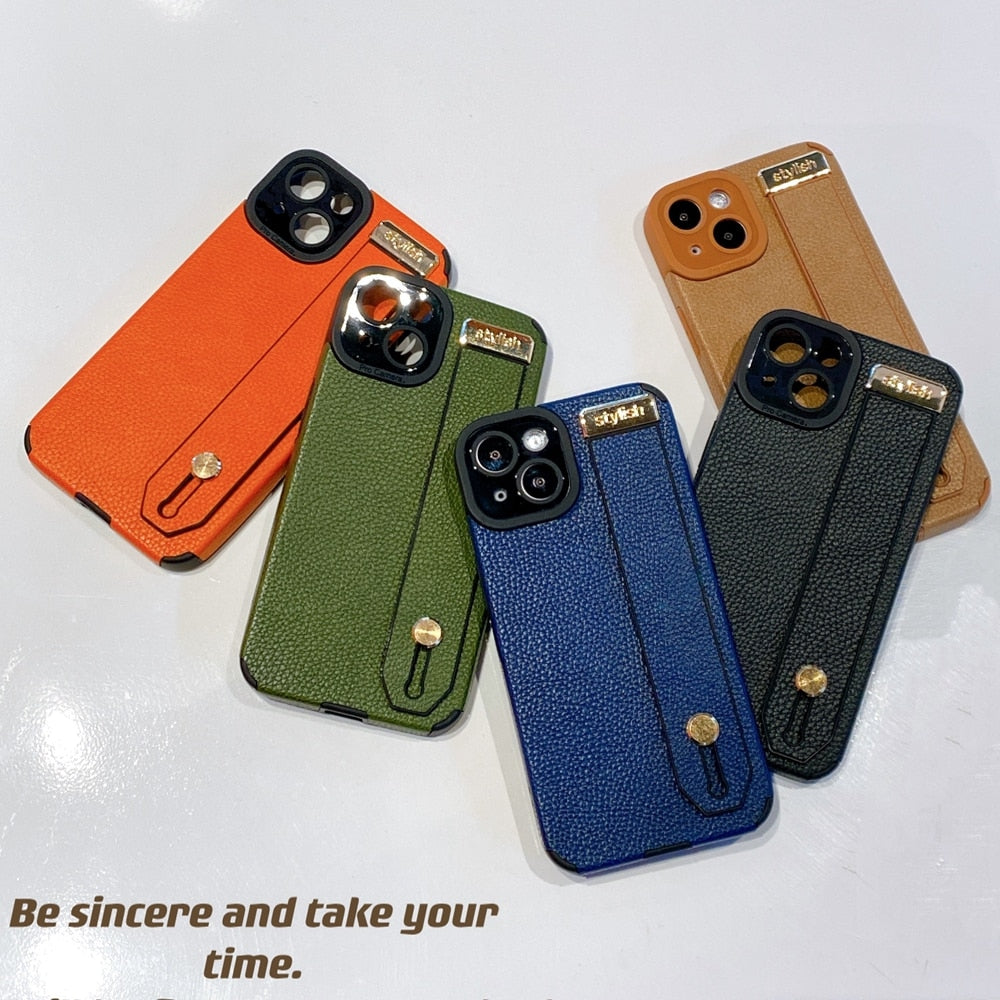 Luxury Leather Wristband Bracket Phone Case For iPhone