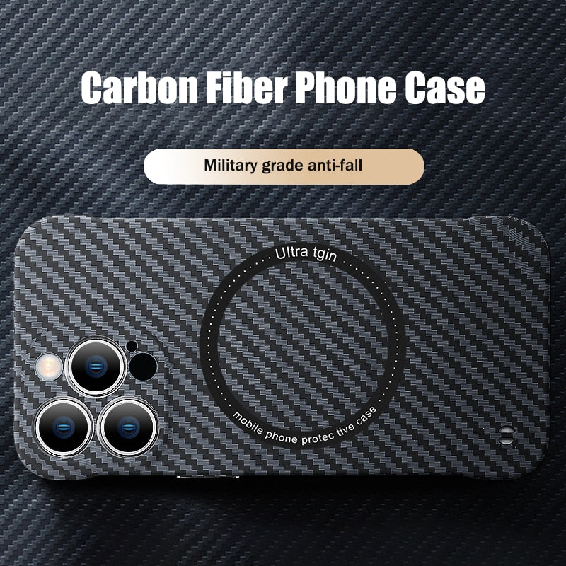 Carbon Fibre Texture Frameless For MagSafe Magnetic Wireless Charging Case For iPhone