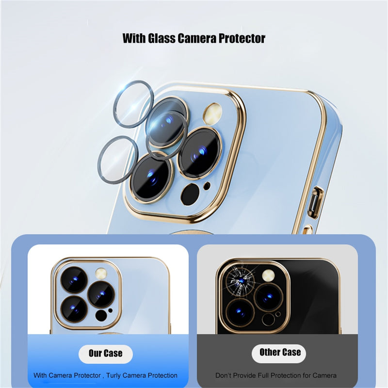 Luxury Plating Magsafe Case for iPhone 13 Pro Max 6D Shockproof Glass Camera Protector Magnetic Phone Case for iPhone 12 Pro Max
