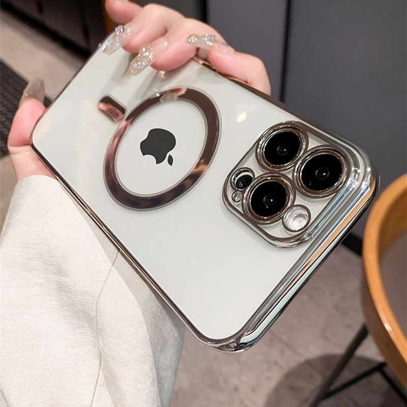 Luxury Plating Transparent For MagSafe Magnetic Charging Case for iPhone