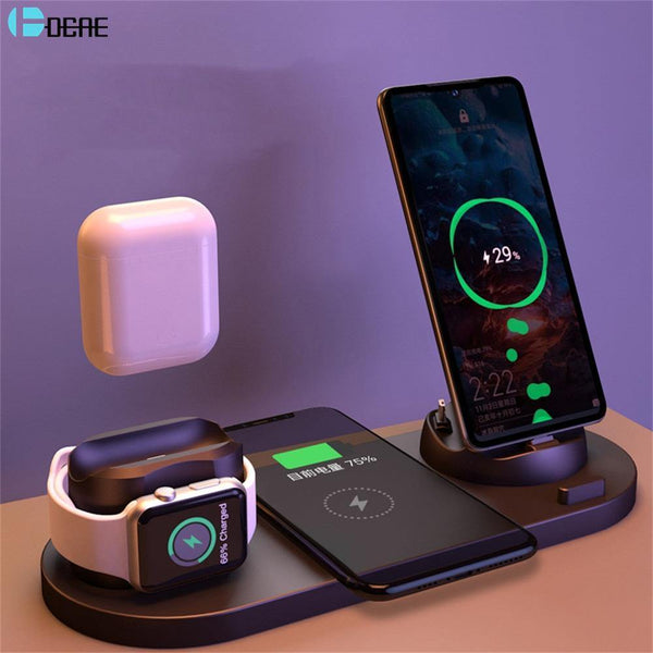 6 in 1 Wireless Charger Dock Station for iPhone/Android/Type-C USB Phones 10W Qi Fast Charging For Apple Watch AirPods Pro - Carbon Cases