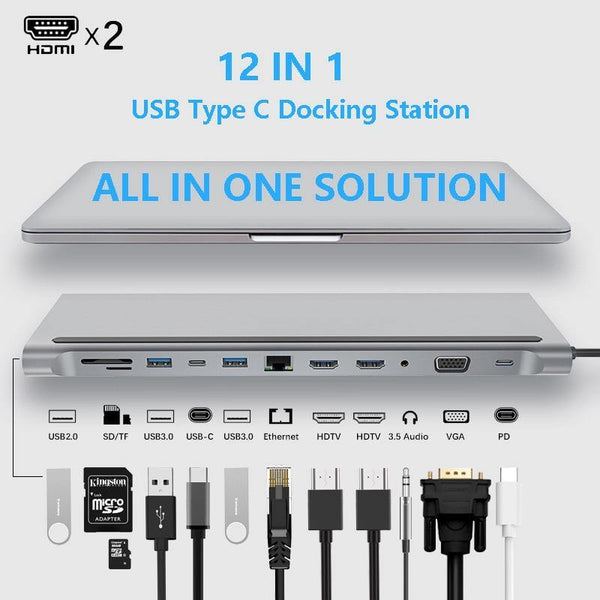 USB Type C Hub Adapter Laptop Docking Station, Dual Monitor Dual HDMI VGA RJ45 SD TF for MacBook Dell XPS HP Lenovo ThinkPad - Carbon Cases