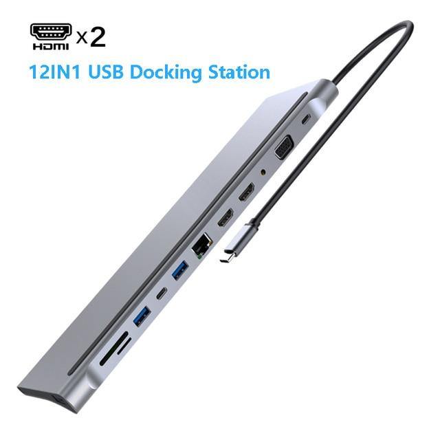 USB Type C Hub Adapter Laptop Docking Station, Dual Monitor Dual HDMI VGA RJ45 SD TF for MacBook Dell XPS HP Lenovo ThinkPad - Carbon Cases