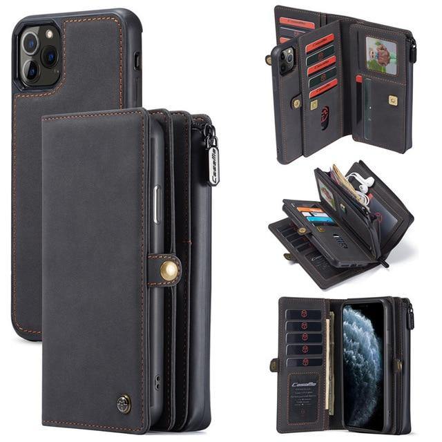 Luxury Zipper Wallet Leather iPhone - Flip Magnet Cards Removable Phone Cover - Carbon Cases