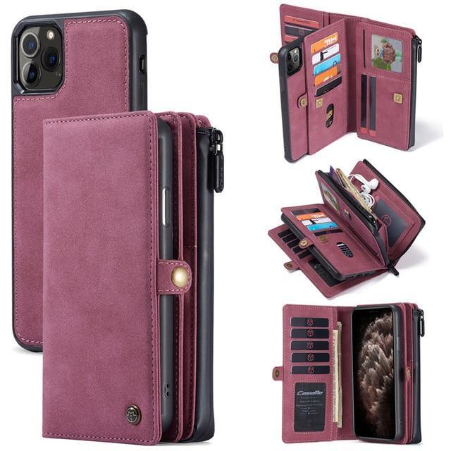 Luxury Zipper Wallet Leather iPhone - Flip Magnet Cards Removable Phone Cover - Carbon Cases