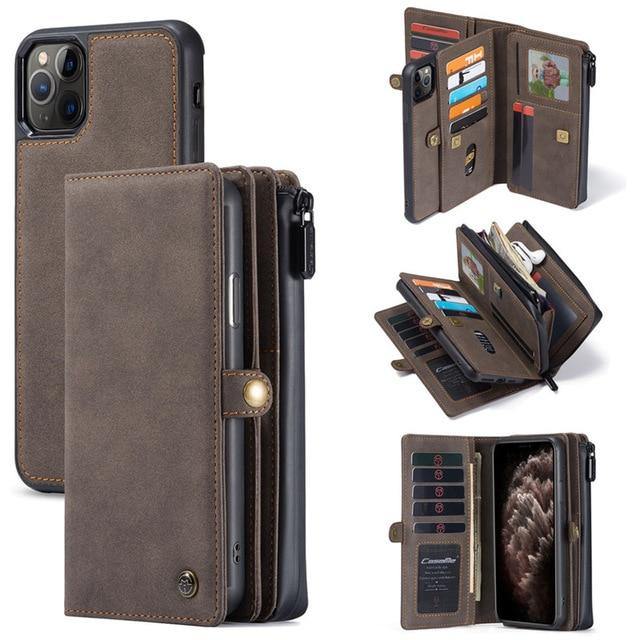 Luxury Zipper Wallet Leather iPhone - Flip Magnet Cards Removable Phone Cover - Carbon Cases