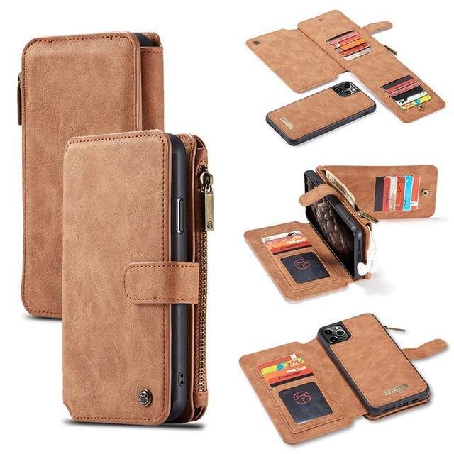 Luxury Zipper Wallet Leather iPhone - Flip Magnet Cards Removable Phone Cover - Carbon Cases