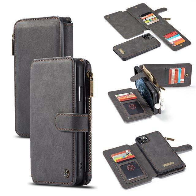 Luxury Zipper Wallet Leather iPhone - Flip Magnet Cards Removable Phone Cover - Carbon Cases