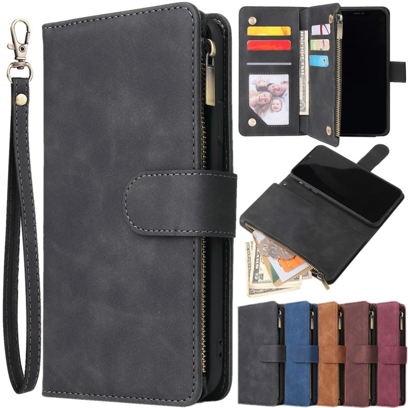 Multi Card Slots Case for iPhone Wallet Case Luxury Zipper Flip Leather Cover - Carbon Cases