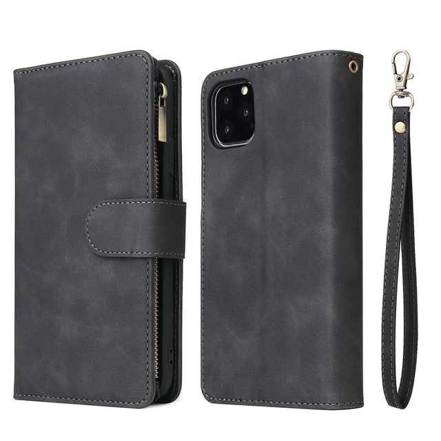 Multi Card Slots Case for iPhone Wallet Case Luxury Zipper Flip Leather Cover - Carbon Cases