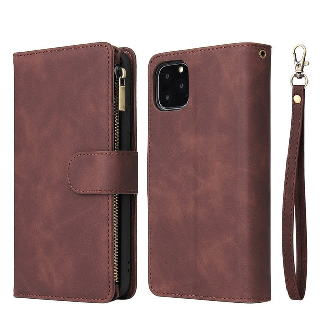 Multi Card Slots Case for iPhone Wallet Case Luxury Zipper Flip Leather Cover - Carbon Cases