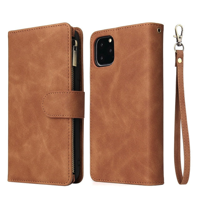 Multi Card Slots Case for iPhone Wallet Case Luxury Zipper Flip Leather Cover - Carbon Cases