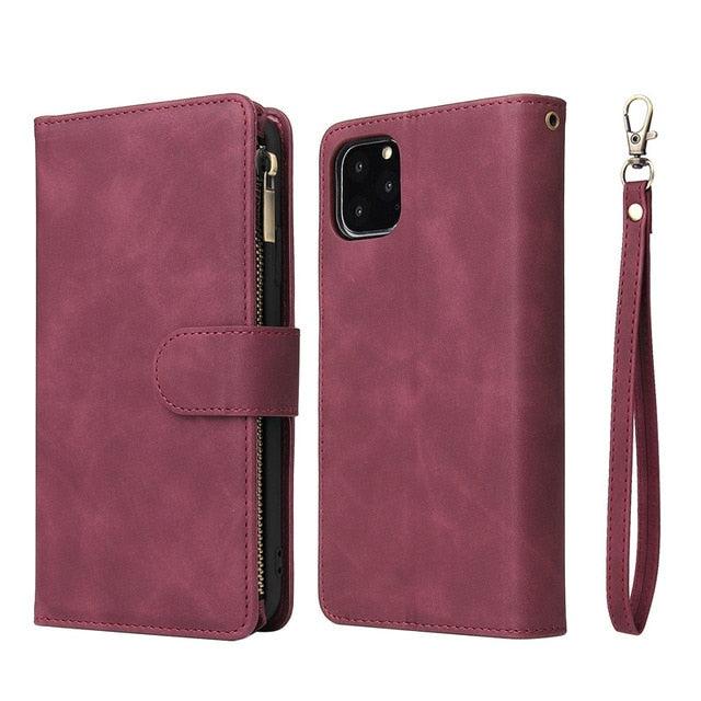 Multi Card Slots Case for iPhone Wallet Case Luxury Zipper Flip Leather Cover - Carbon Cases