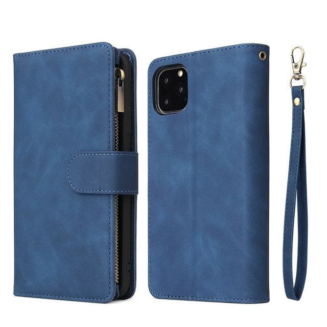 Multi Card Slots Case for iPhone Wallet Case Luxury Zipper Flip Leather Cover - Carbon Cases