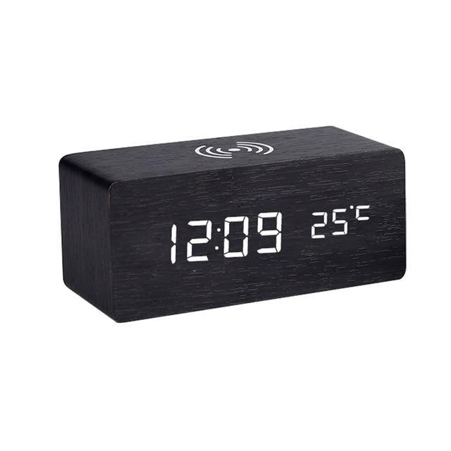 Modern Wooden Wood Digital LED Desk Alarm Clock Thermometer Wireless Charger - Carbon Cases