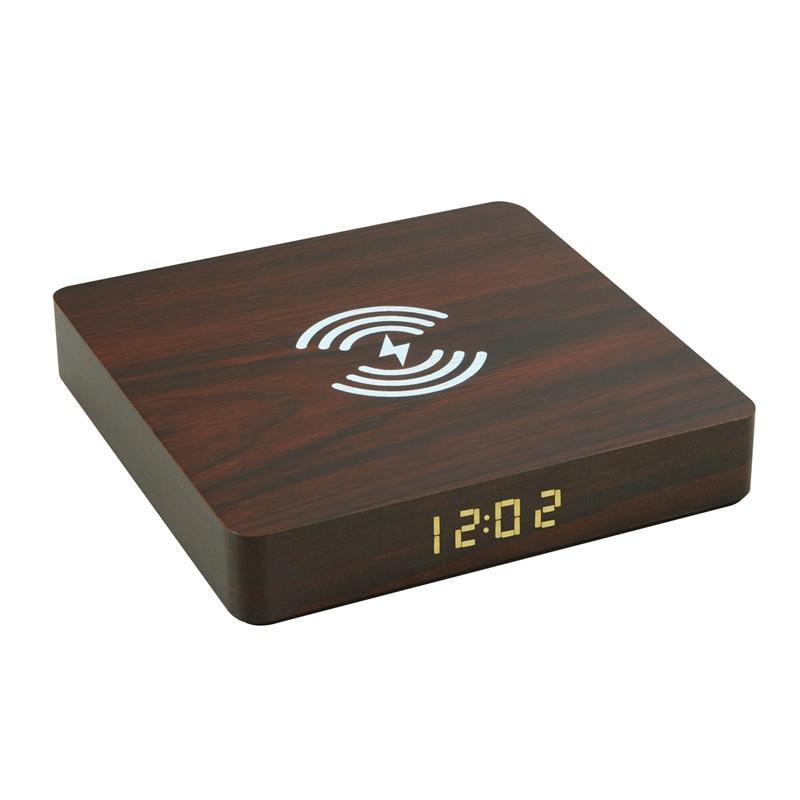 Alarm Clock Phone Charger, USB Wooden Table Desktop LED Digital Electric Bedside Clocks Table with Qi Wireless Charging - Carbon Cases