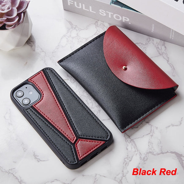 iPhone 12 Case Splice PU Leather Shockproof Cover with Wallet Card Bag for MagSafe - Carbon Cases