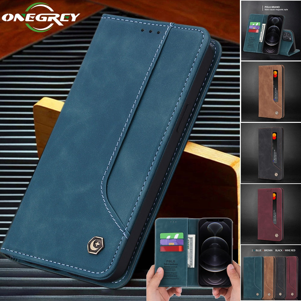 Luxury Leather Flip Wallet Case For iPhone Business Magnetic Card Phone Cover - Carbon Cases