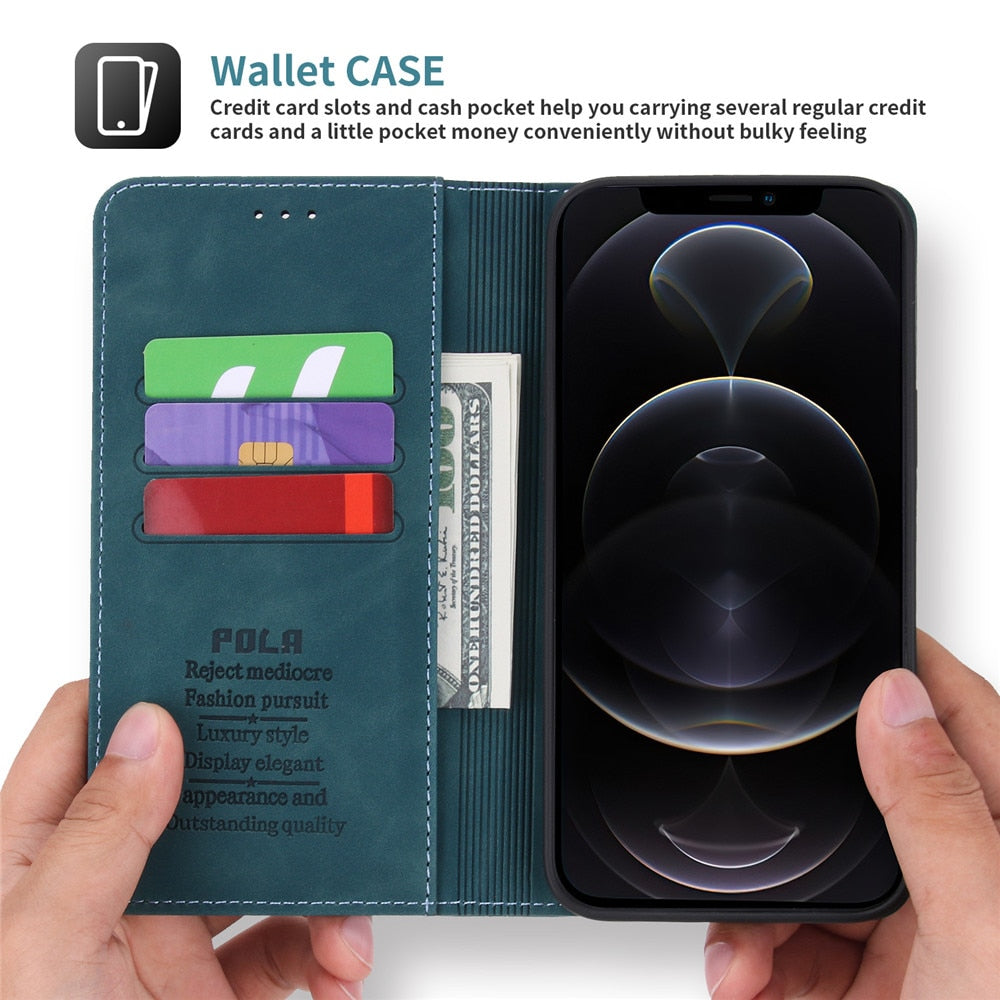 Luxury Leather Flip Wallet Case For iPhone Business Magnetic Card Phone Cover - Carbon Cases