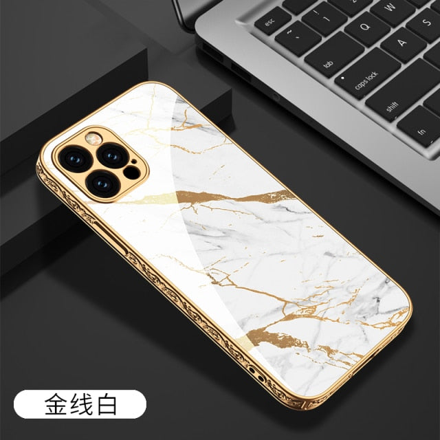 iPhone 12 Case Tempered Glass Pattern Shockproof Plating Relief Edge - Carbon Cases