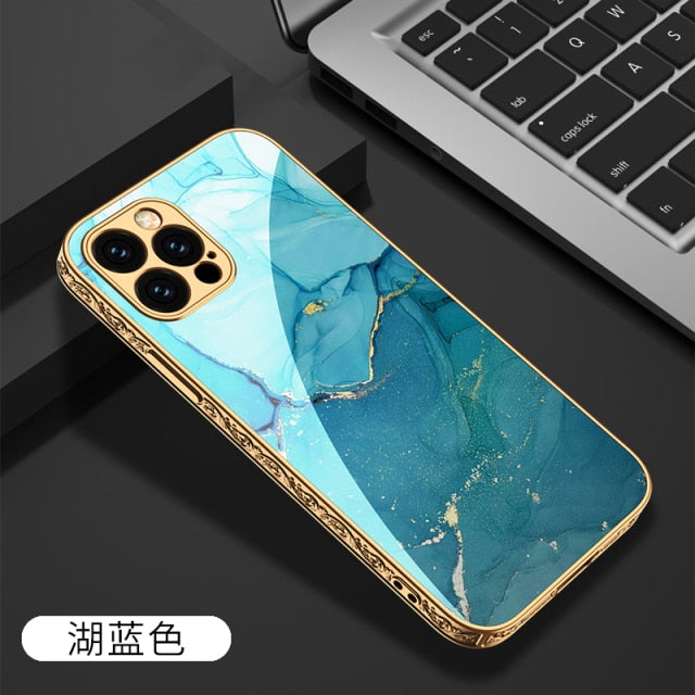 iPhone 12 Case Tempered Glass Pattern Shockproof Plating Relief Edge - Carbon Cases