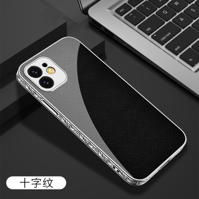 iPhone 12 Case Tempered Glass Pattern Shockproof Plating Relief Edge - Carbon Cases