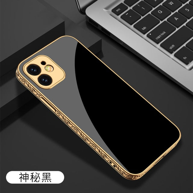 iPhone 12 Case Tempered Glass Pattern Shockproof Plating Relief Edge - Carbon Cases