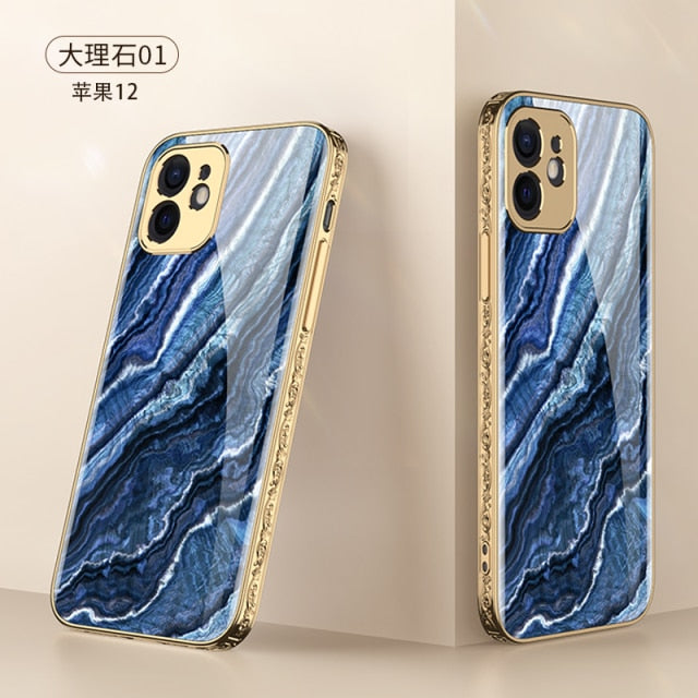 iPhone 12 Case Tempered Glass Pattern Shockproof Plating Relief Edge - Carbon Cases