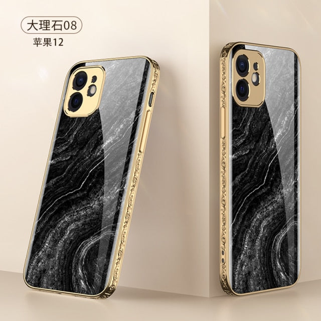 iPhone 12 Case Tempered Glass Pattern Shockproof Plating Relief Edge - Carbon Cases