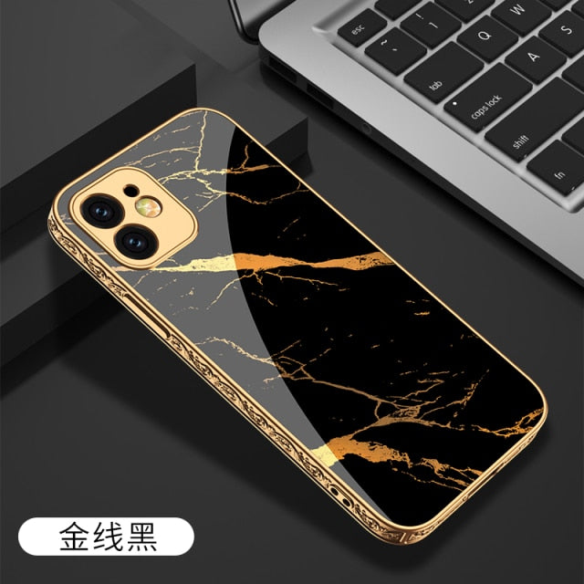 iPhone 12 Case Tempered Glass Pattern Shockproof Plating - Carbon Cases