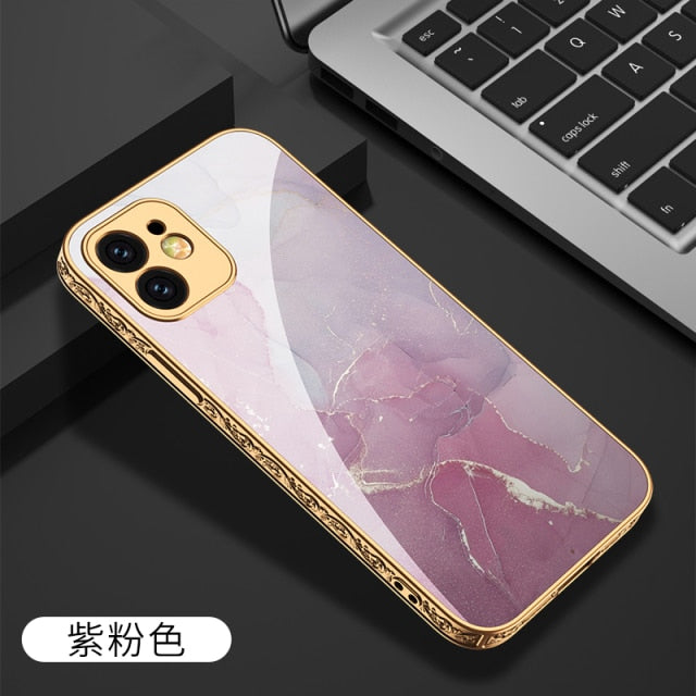 iPhone 12 Case Tempered Glass Pattern Shockproof Plating - Carbon Cases