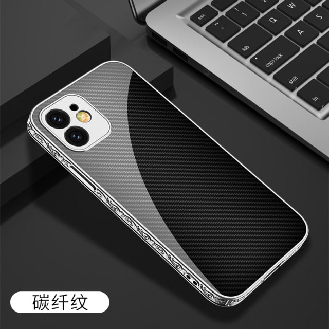 iPhone 12 Case Tempered Glass Pattern Shockproof Plating - Carbon Cases