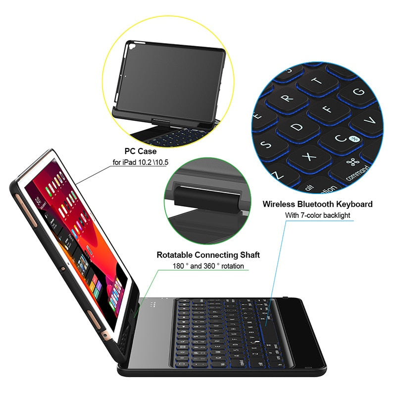 360 Degree Rotation Case for iPad 10.2 '' 7th/8th Gen Wireless Bluetooth Keyboard Swivel Stand Heavy Duty Shockproof Flip case - Carbon Cases