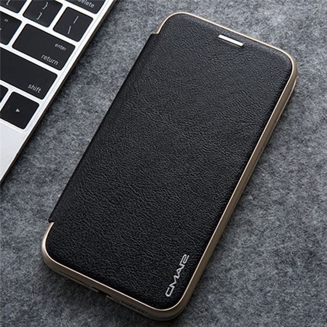 Luxury Leather Flip Case For iPhone Strong Magnetic Card Stand Cover - Carbon Cases