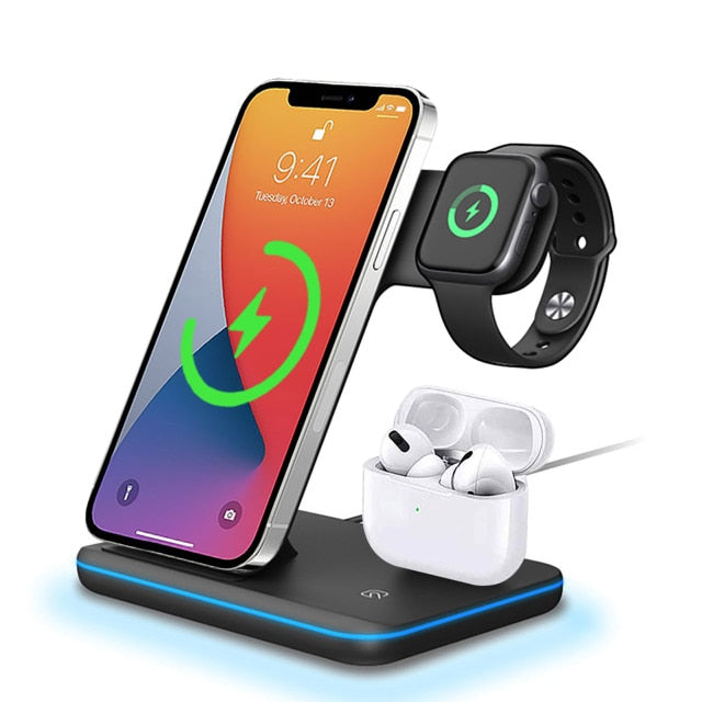 Wireless Charger Stand 3 in 1 Qi 15W Fast Charging Dock Station - Carbon Cases