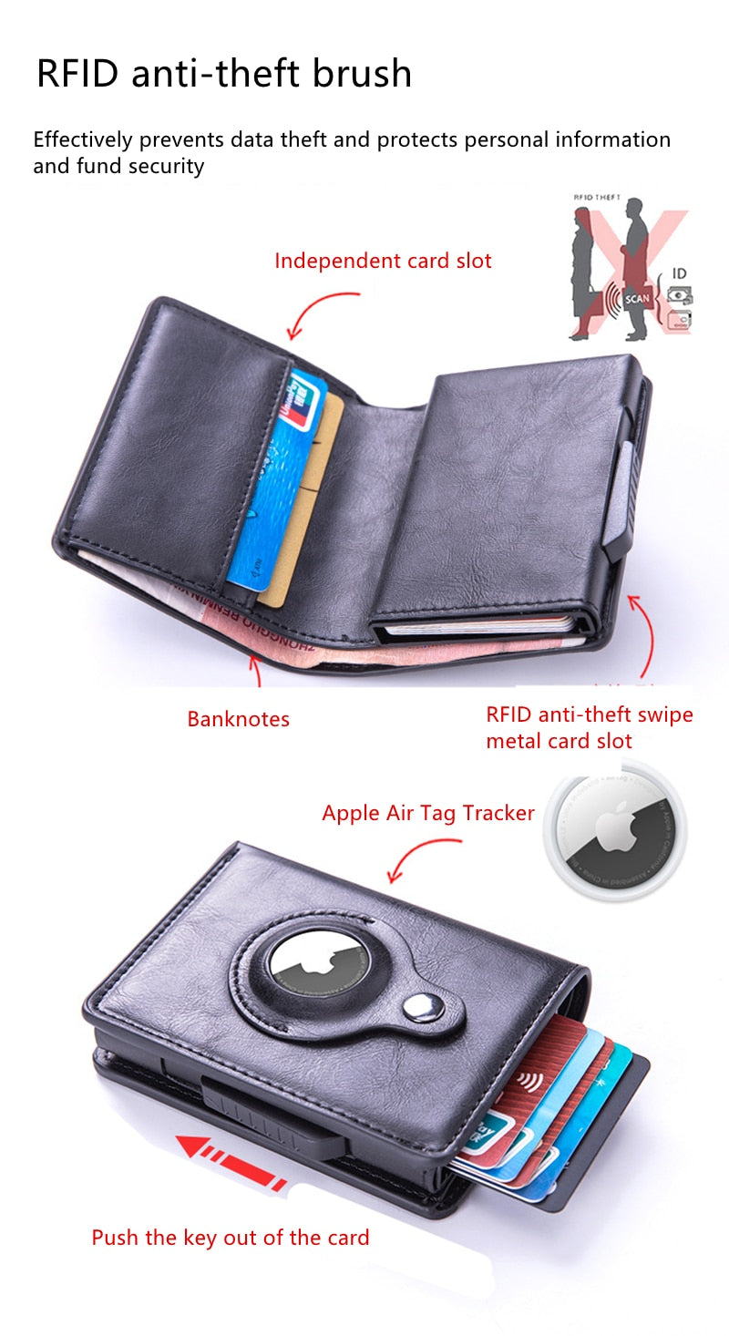 2022 New PU Leather Card Holder Bank Wallet GPS Locator Tracker Anti-lost Device Sleeve Cover For Apple Airtags Protective Case - Carbon Cases
